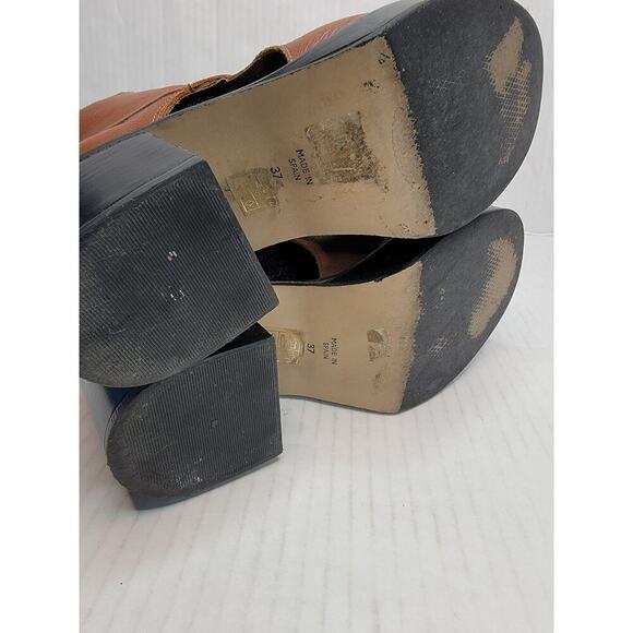 TopShop Booties Sz. 37 6.5 Chunky Heel Cutout Ankle Boots Leather Tan Lace Up - Picture 6 of 11